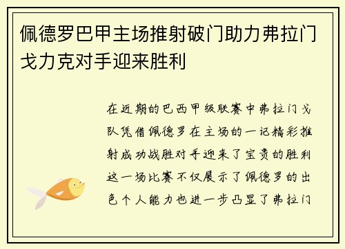佩德罗巴甲主场推射破门助力弗拉门戈力克对手迎来胜利
